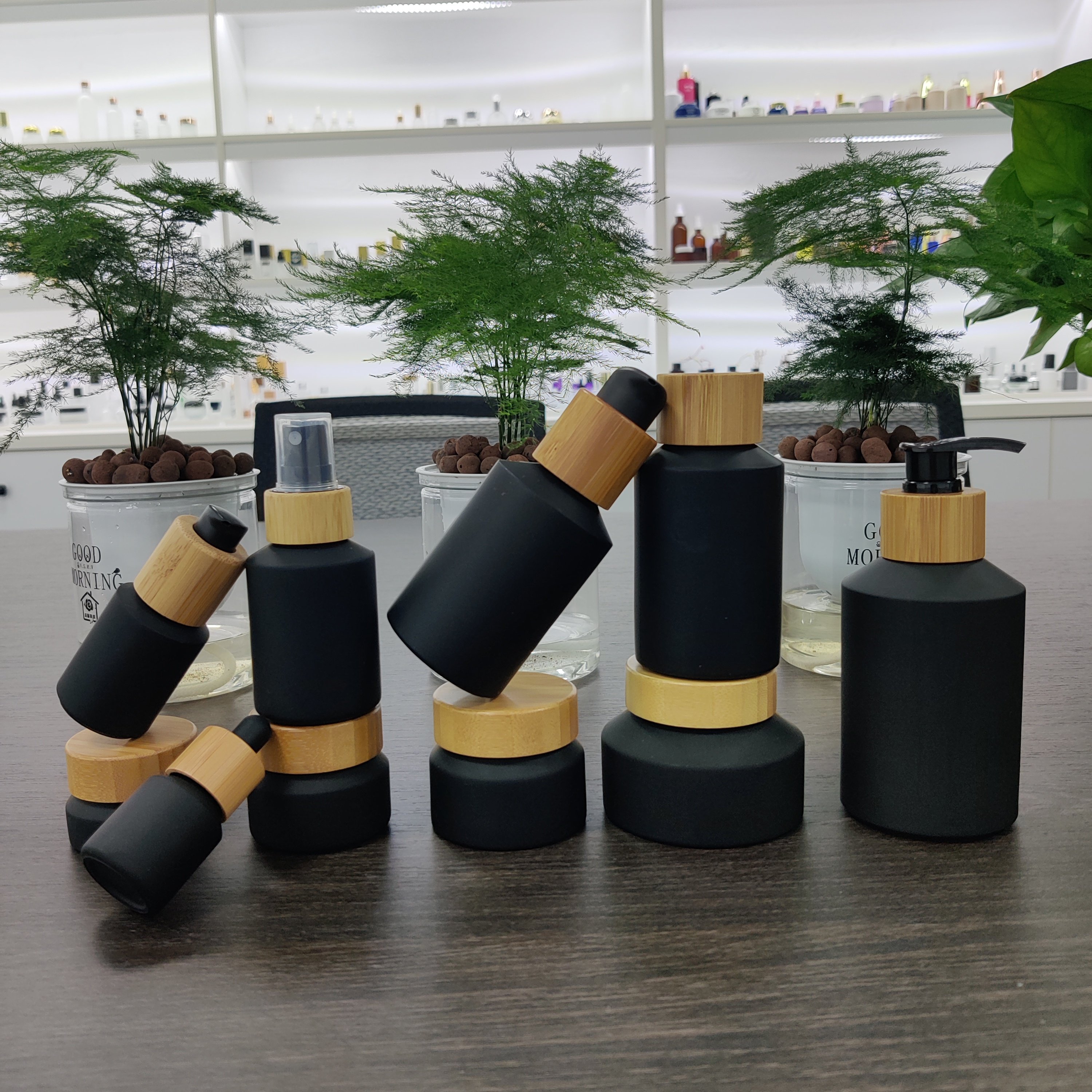 Cosmetic packaging 15ml-100g matte black slant shoulder glass bottle with gold lid/pump/dropper lotion bottle cream jar sets