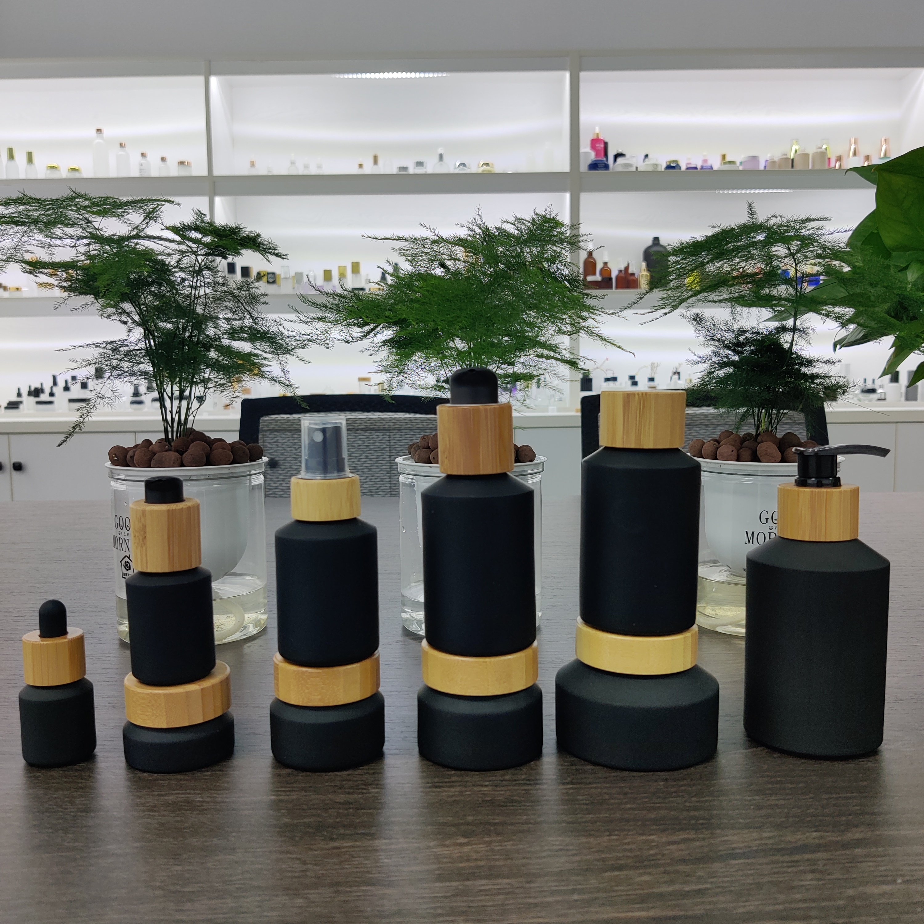Cosmetic packaging 15ml-100g matte black slant shoulder glass bottle with gold lid/pump/dropper lotion bottle cream jar sets