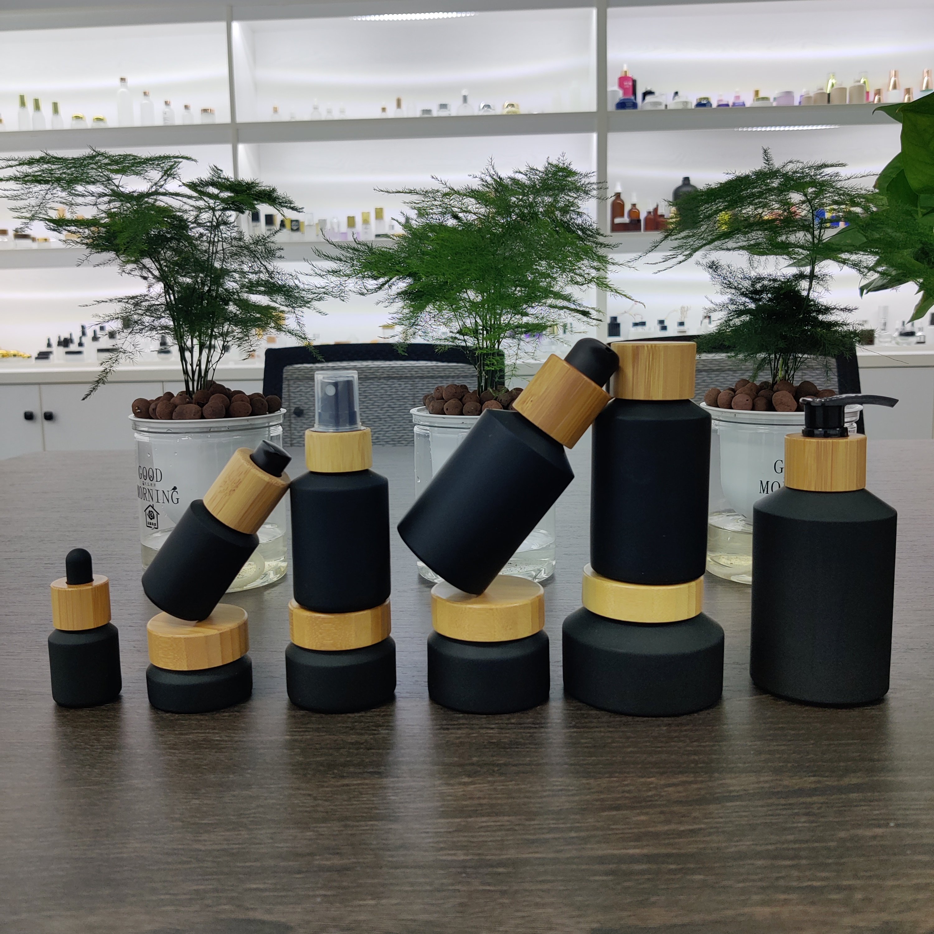 Cosmetic packaging 15ml-100g matte black slant shoulder glass bottle with gold lid/pump/dropper lotion bottle cream jar sets