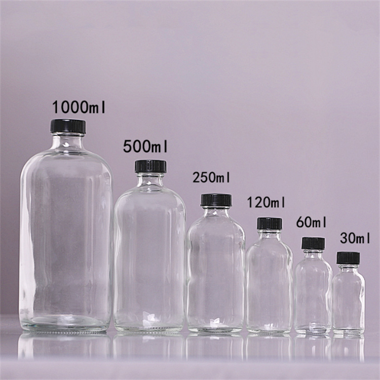 250Ml 350Ml 500ML 1000ML coffee beverage medicine tea clear boston round glass juice bottle with Lids