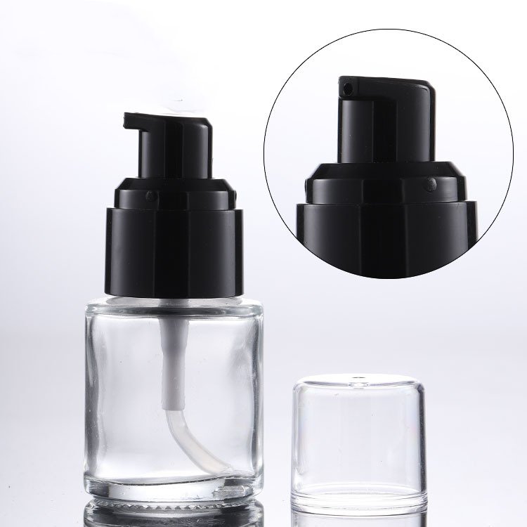 Factory wholesale transparent black cap customized model complete pump plastic sprayer Cosmetic lotion travel glass bottle