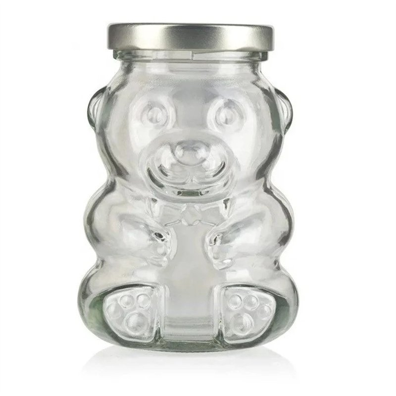 Unique Shaped 250ml Small Honey Bear Glass Bottle Transpartment Food Storage Jar mini honey jar with dipper