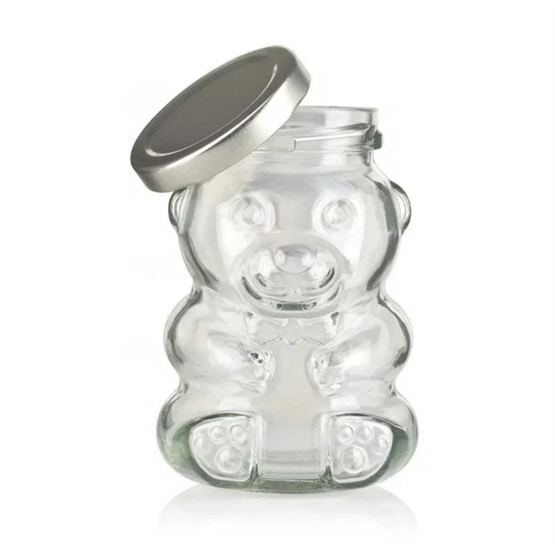 Unique Shaped 250ml Small Honey Bear Glass Bottle Transpartment Food Storage Jar mini honey jar with dipper