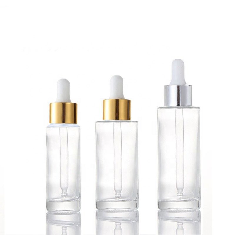 Hote Sale 50ml 60ml 2 oz Empty Clear Flat Shoulder Glass Essential Oil Bottle With Aluminum Dropper (GDC01)