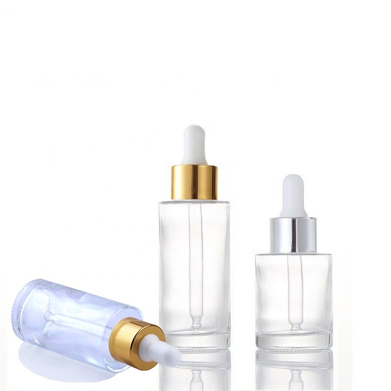 Hote Sale 50ml 60ml 2 oz Empty Clear Flat Shoulder Glass Essential Oil Bottle With Aluminum Dropper (GDC01)