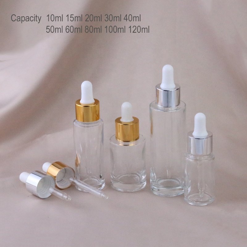 Hote Sale 50ml 60ml 2 oz Empty Clear Flat Shoulder Glass Essential Oil Bottle With Aluminum Dropper (GDC01)