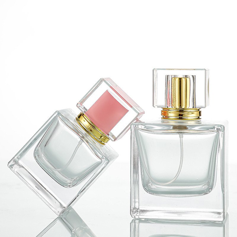 30ml 50ml 100ml Fine Atomizer Crystal Perfume Square Glass Bottles with Stylish Lids Hot Stamping Surface Handling
