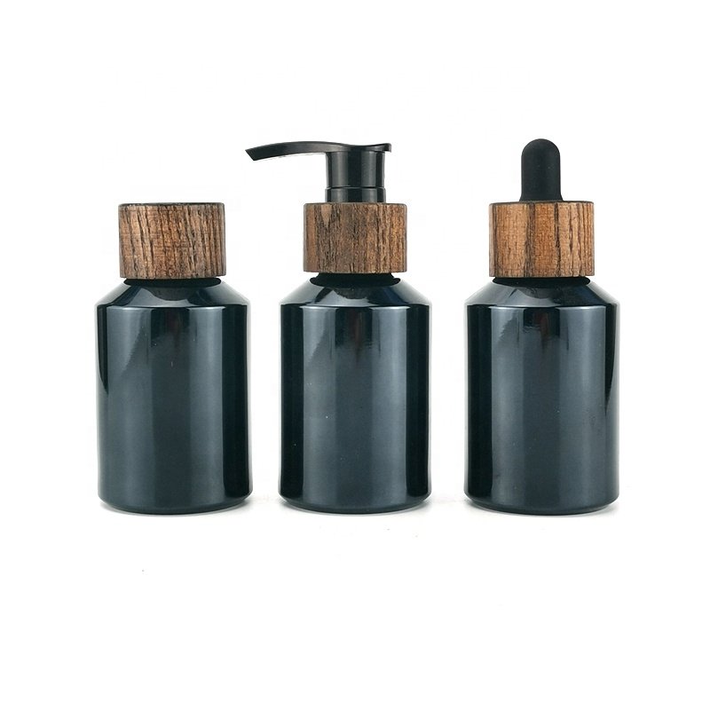 shiny black glass bottle 60 ml black glass container 2 oz cosmetic bottle with dark brown color wood closure dropper and pump