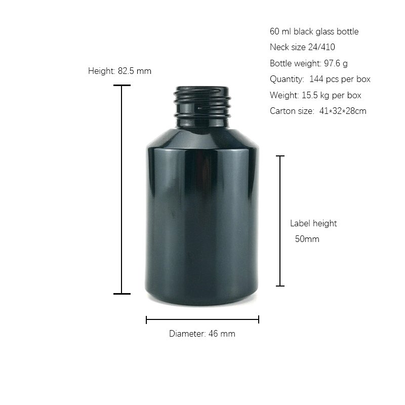 shiny black glass bottle 60 ml black glass container 2 oz cosmetic bottle with dark brown color wood closure dropper and pump