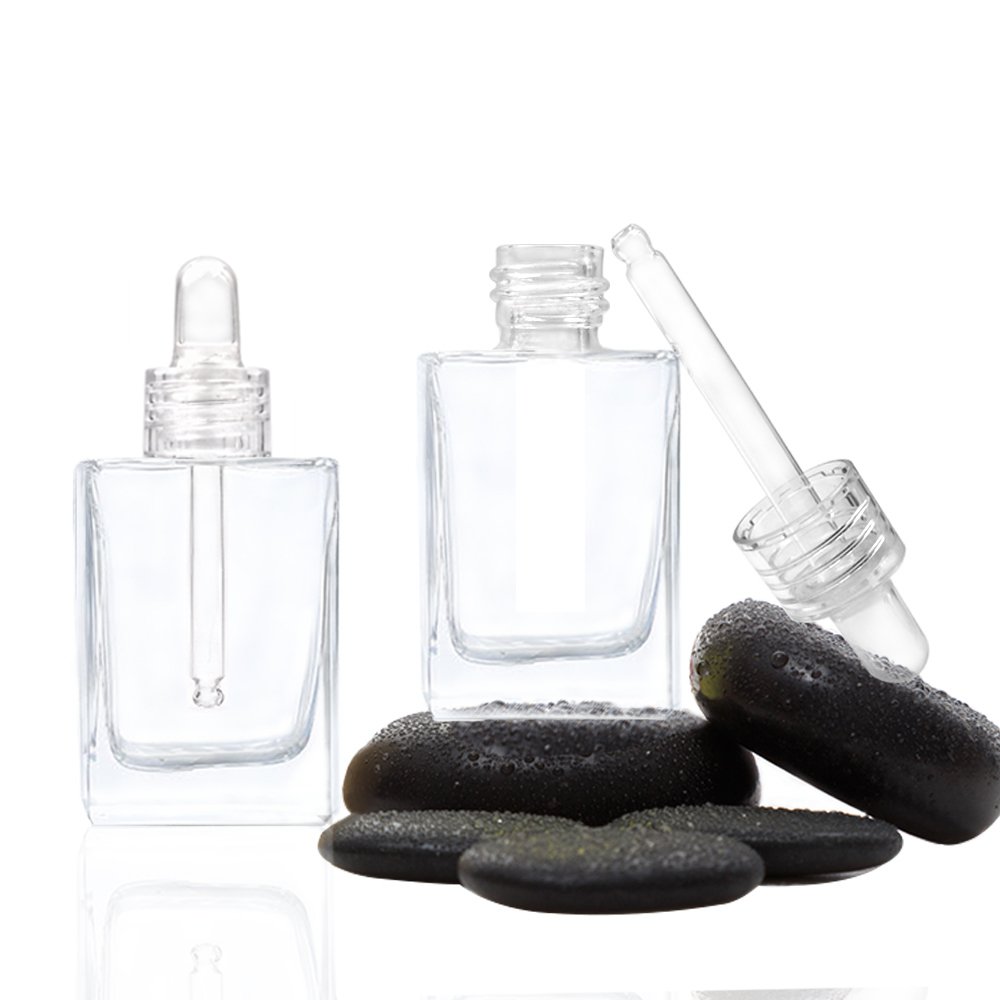 Refillable 30ml 50ml 100ml Clear Flat Shoulder Custom Essential Oil Serum Square Glass Bottle With Dropper