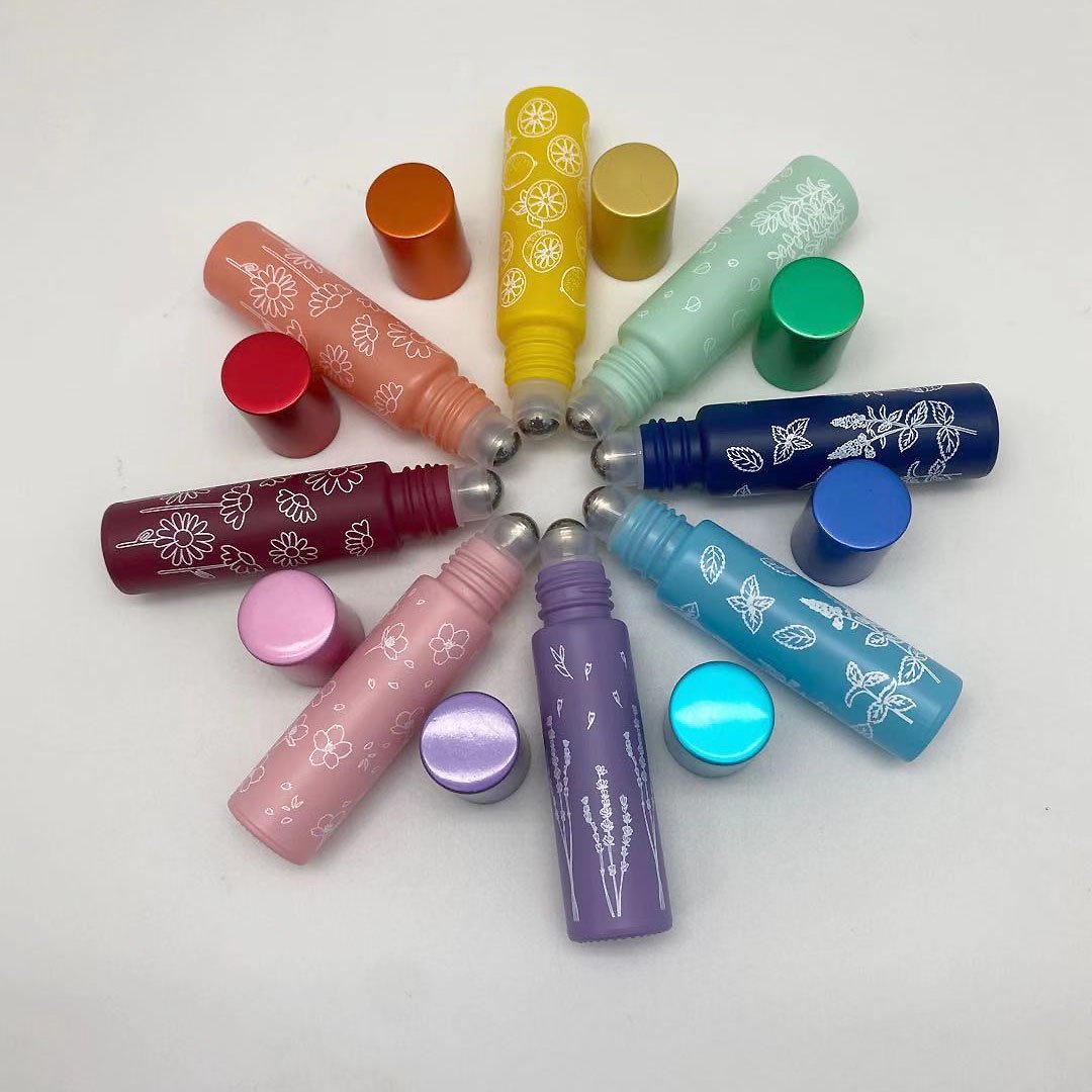 Frosted 10ml Essential Oils Roll On bottle Portable Perfume Spray Bottles For Travel Empty Glass Bottles with printing flowers