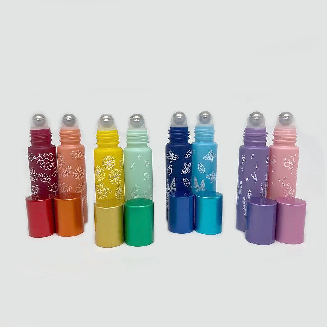 Frosted 10ml Essential Oils Roll On bottle Portable Perfume Spray Bottles For Travel Empty Glass Bottles with printing flowers
