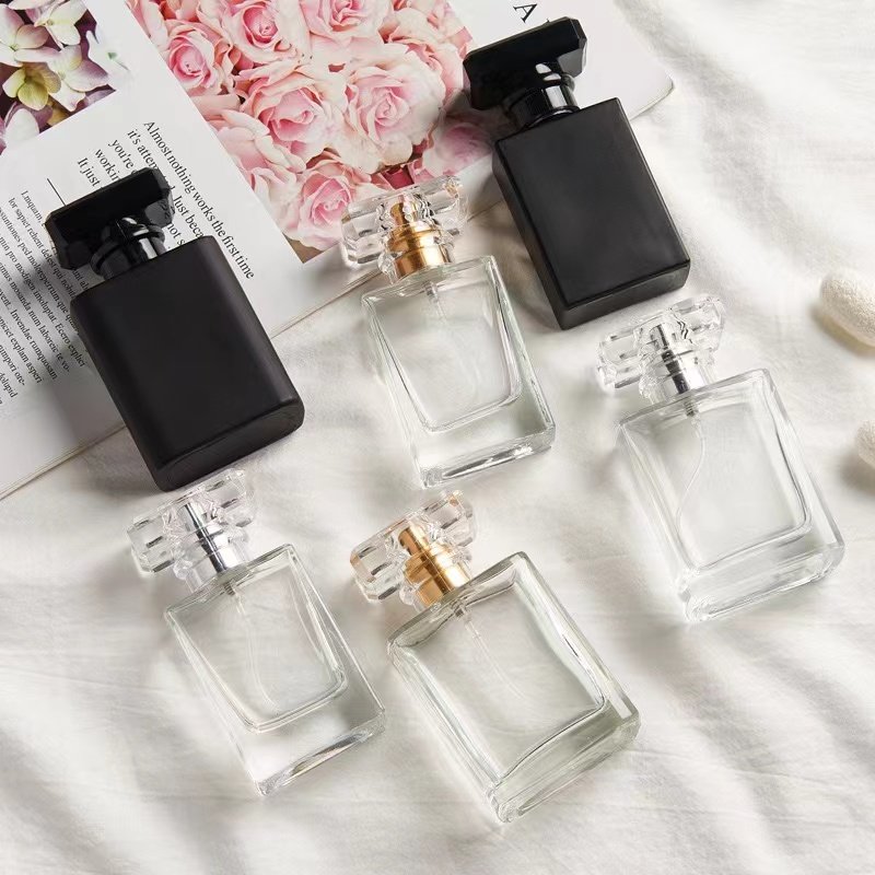 30ml 50ml square empty transparent clear matt black glass perfume bottle with gold silver spray