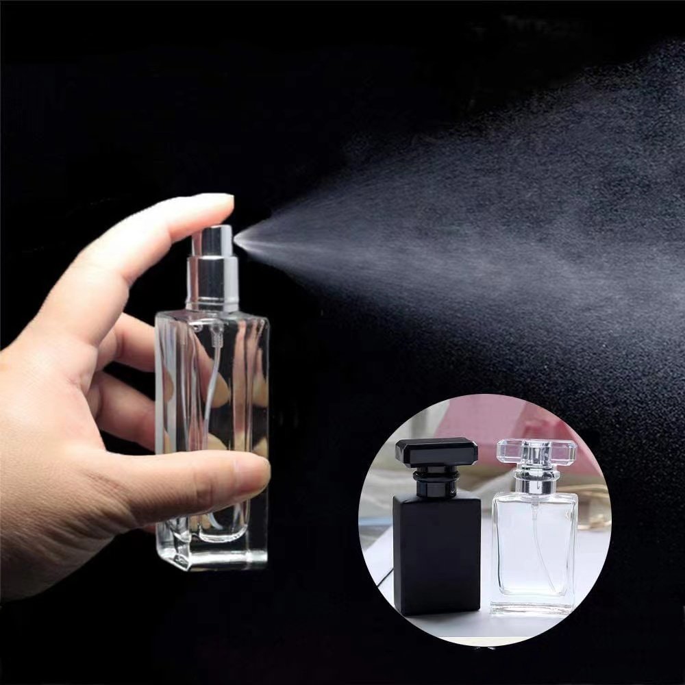 30ml 50ml square empty transparent clear matt black glass perfume bottle with gold silver spray