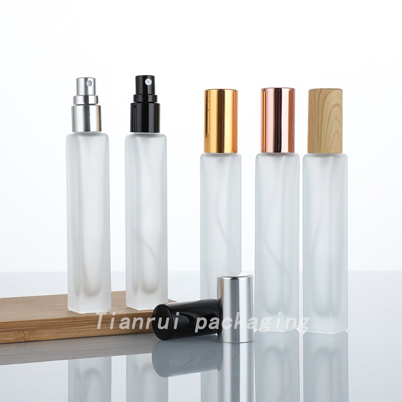 High Quality 10ml Portable Matte Frosted Clear Perfume Glass Square Rectangle Bottle with Pink Spray Pump
