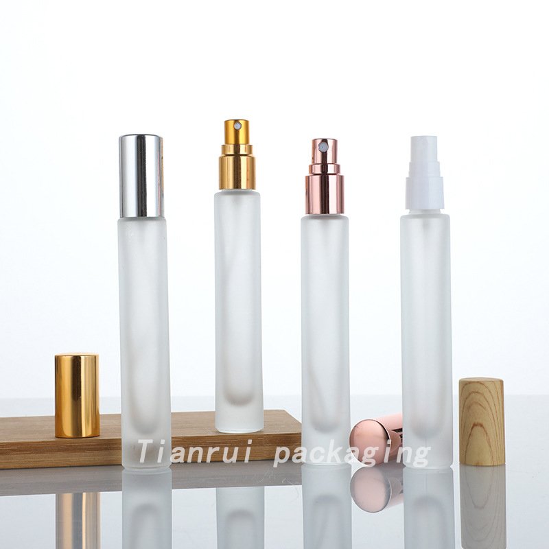 High Quality 10ml Portable Matte Frosted Clear Perfume Glass Square Rectangle Bottle with Pink Spray Pump