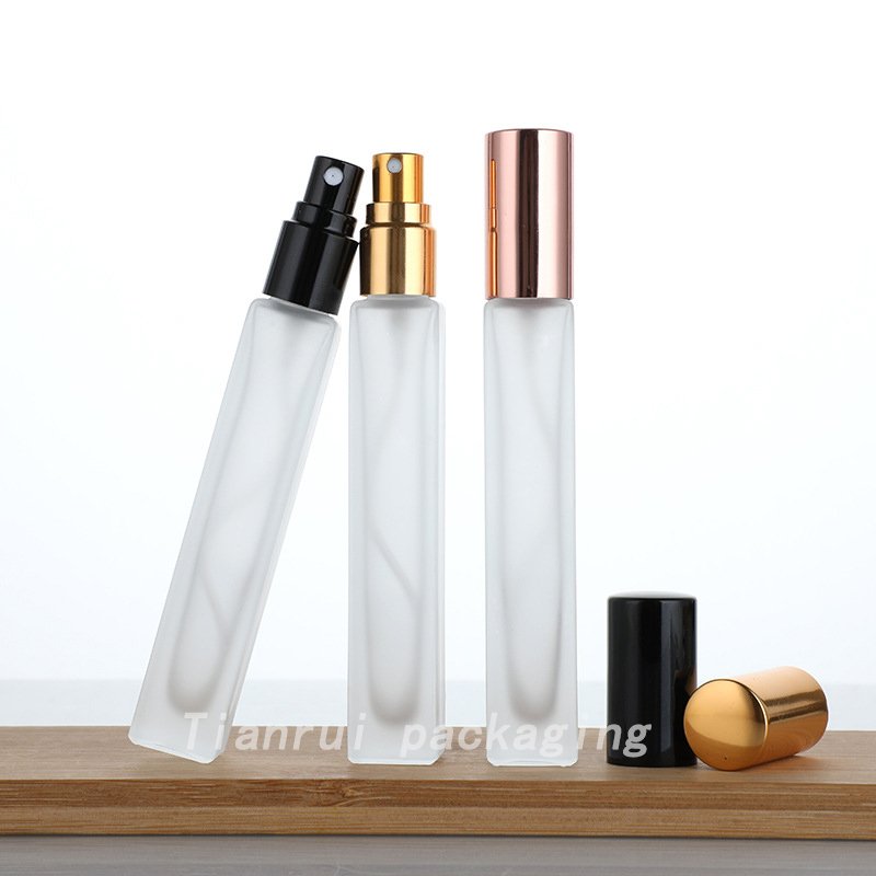 High Quality 10ml Portable Matte Frosted Clear Perfume Glass Square Rectangle Bottle with Pink Spray Pump