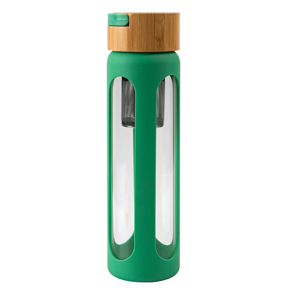 New design high quality customized borosilicate glass water bottle with stainless steel tea infuser and silicone sleeve