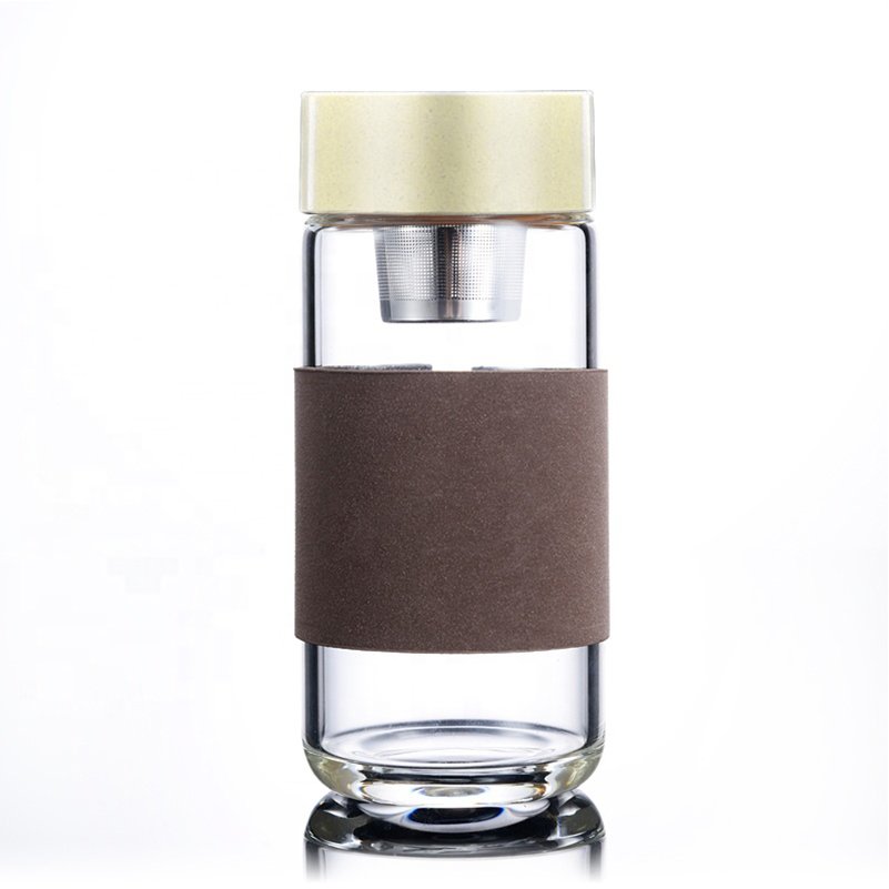 FX Factory Wood Grain Lid Tea Drinkware Glass Bottle With Borosilicate Glass With Tea Infuser Tes With Flax Cover