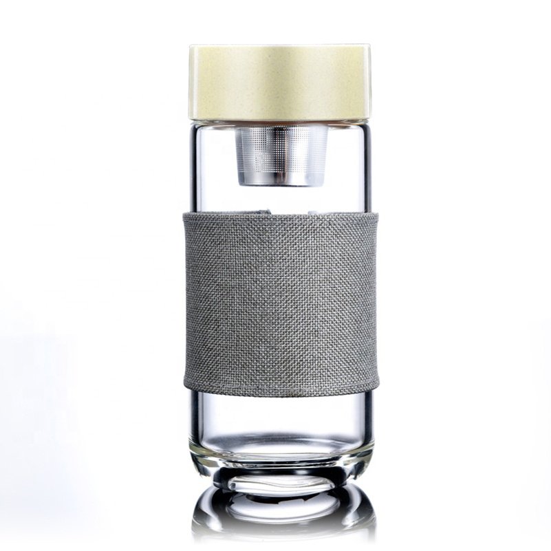 FX Factory Wood Grain Lid Tea Drinkware Glass Bottle With Borosilicate Glass With Tea Infuser Tes With Flax Cover