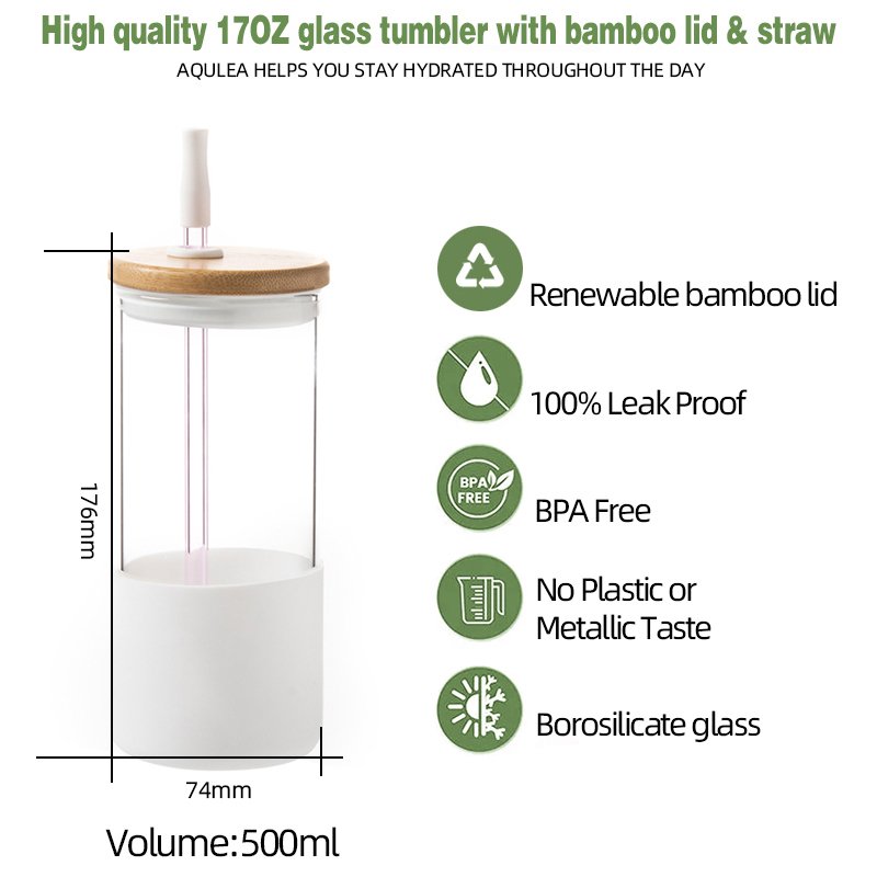 Best Selling Products 17oz 500ml glass tumbler 12mm metal straw boba cup with bamboo lid