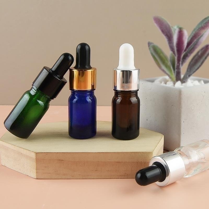 Cosmetic travel packing 5ml Amber Green Blue transparent Glass dropper bottle with gold silver lid