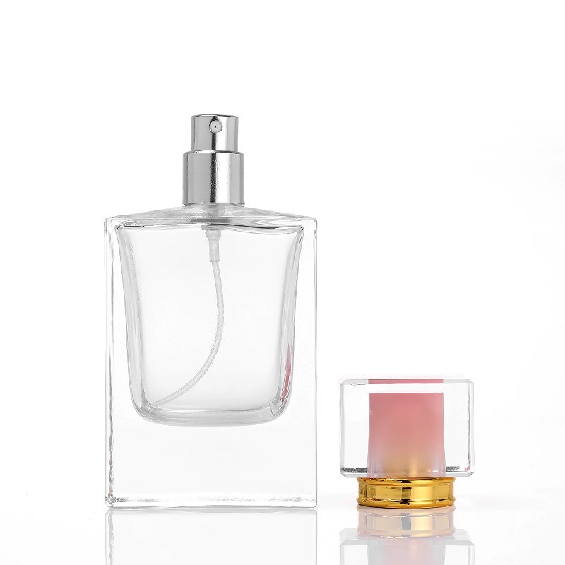 50ml 100ml luxury pink pump spray glass packaging square perfume bottle with clear cover