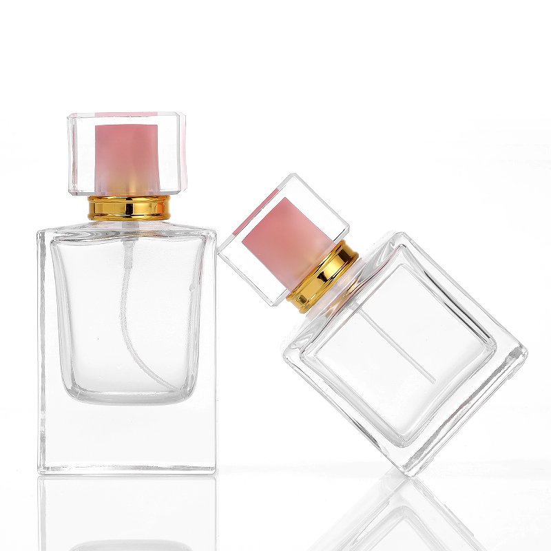 50ml 100ml luxury pink pump spray glass packaging square perfume bottle with clear cover