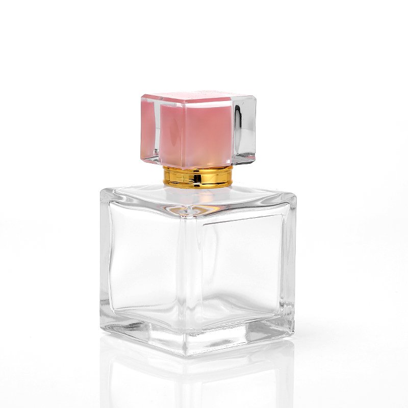 50ml 100ml luxury pink pump spray glass packaging square perfume bottle with clear cover