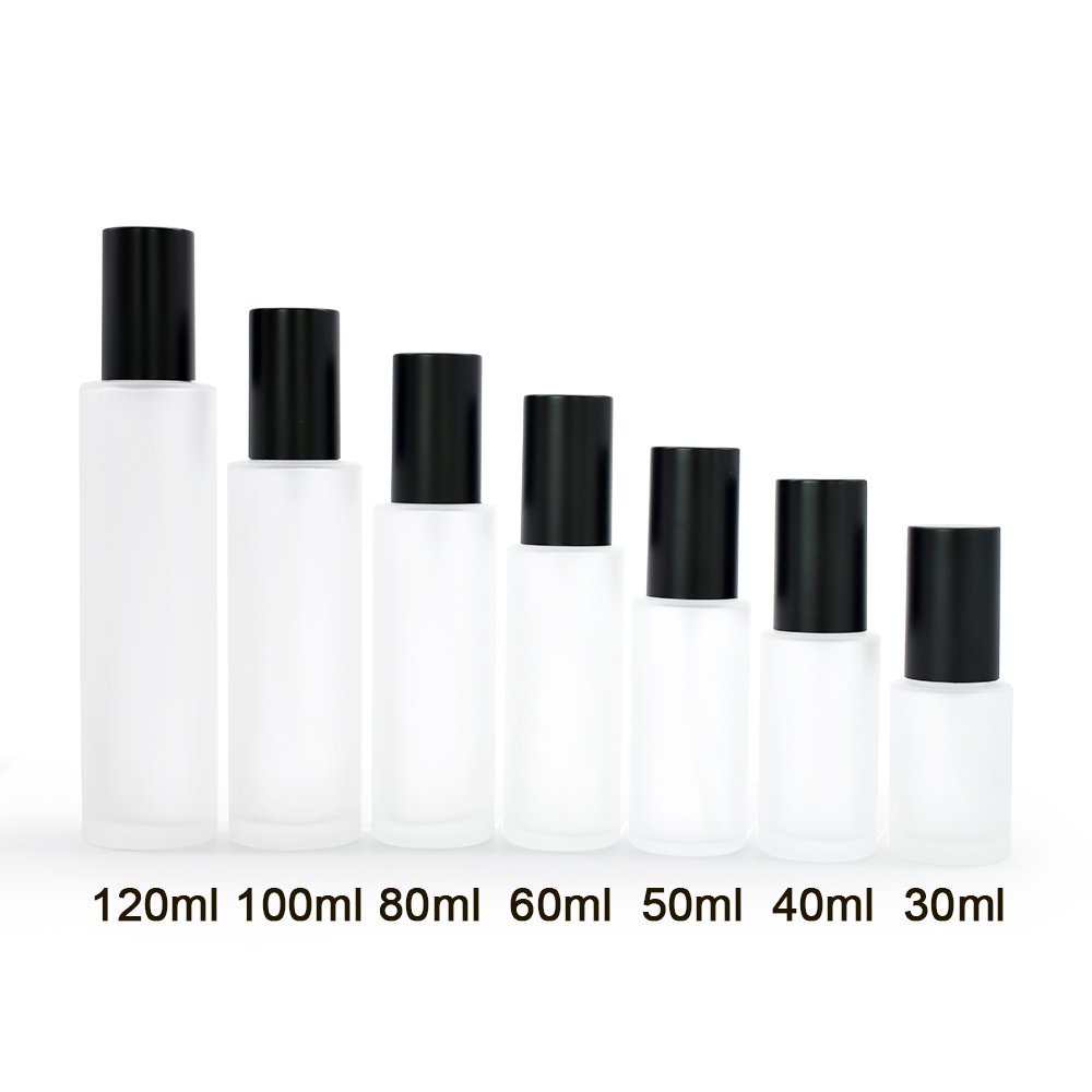 luxury 30ml 60ml 100ml frosted clear glass spray mist bottle with black cap