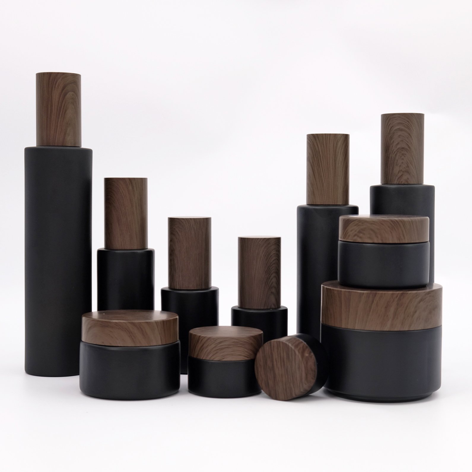 Black Matte Glass Serum Bottle Glass Cream Jar Set With Wood Grain Lid