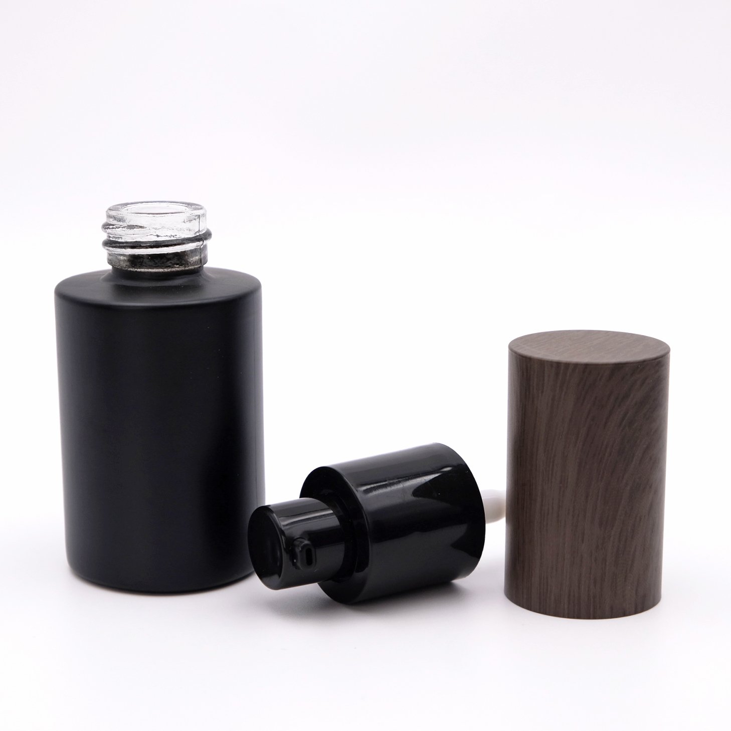 Black Matte Glass Serum Bottle Glass Cream Jar Set With Wood Grain Lid