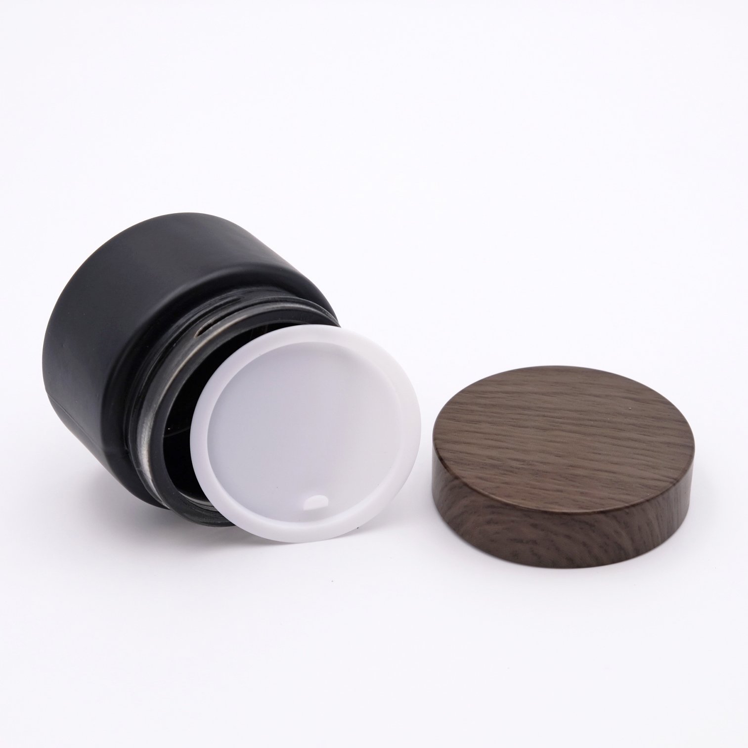 Black Matte Glass Serum Bottle Glass Cream Jar Set With Wood Grain Lid