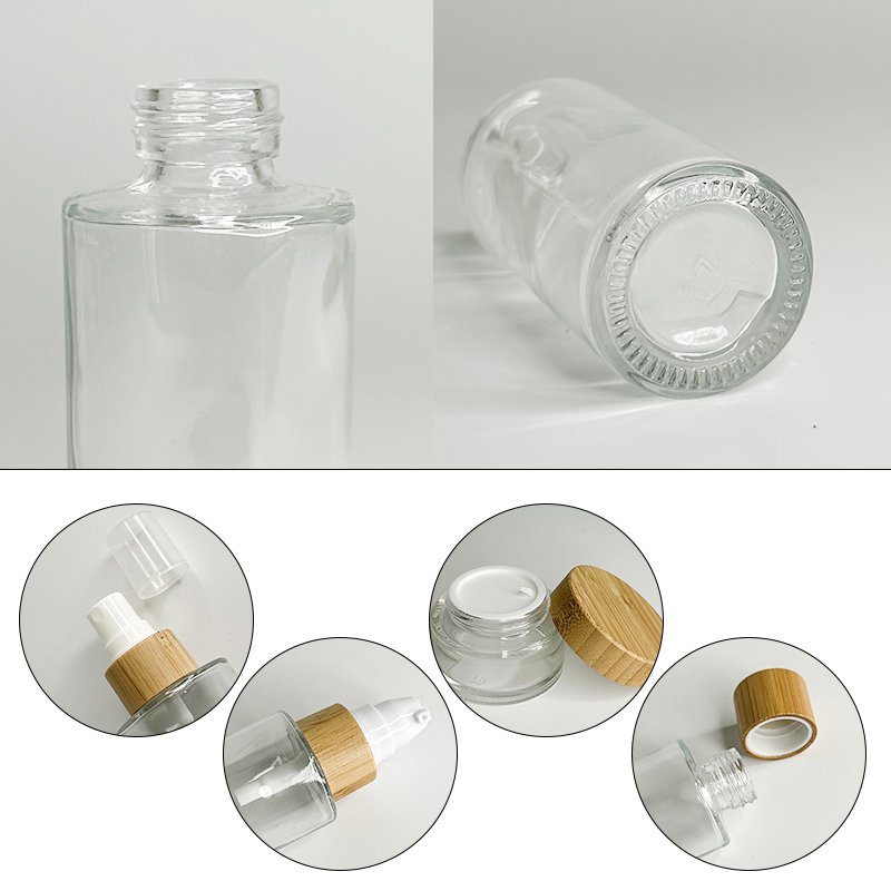 flat shoulder pump bottle 30ml 50ml 100ml 120ml Frosted luxury bamboo skin care cosmetic bottle and jar packaging set