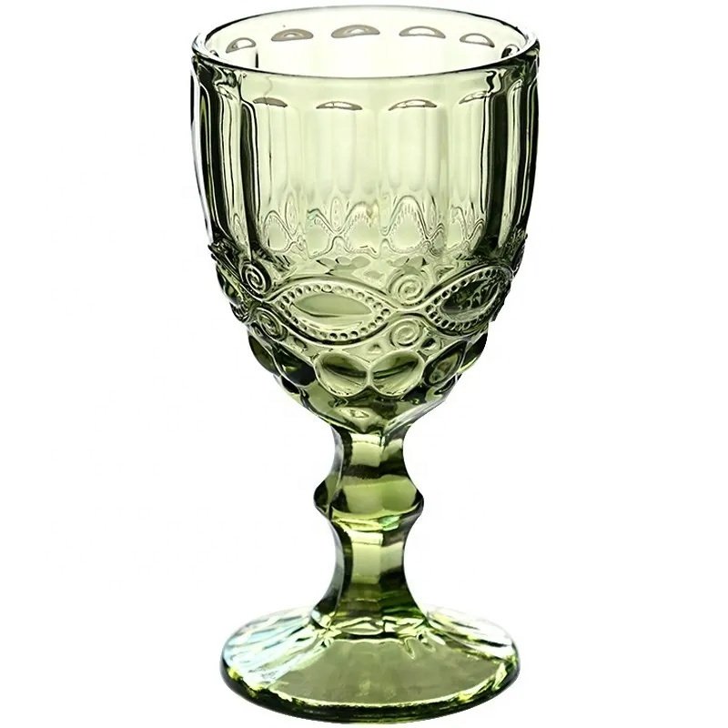 In stock embossed eco friendly blue green purple pink red grey amber clear colorful classic pattern wine goblet glass