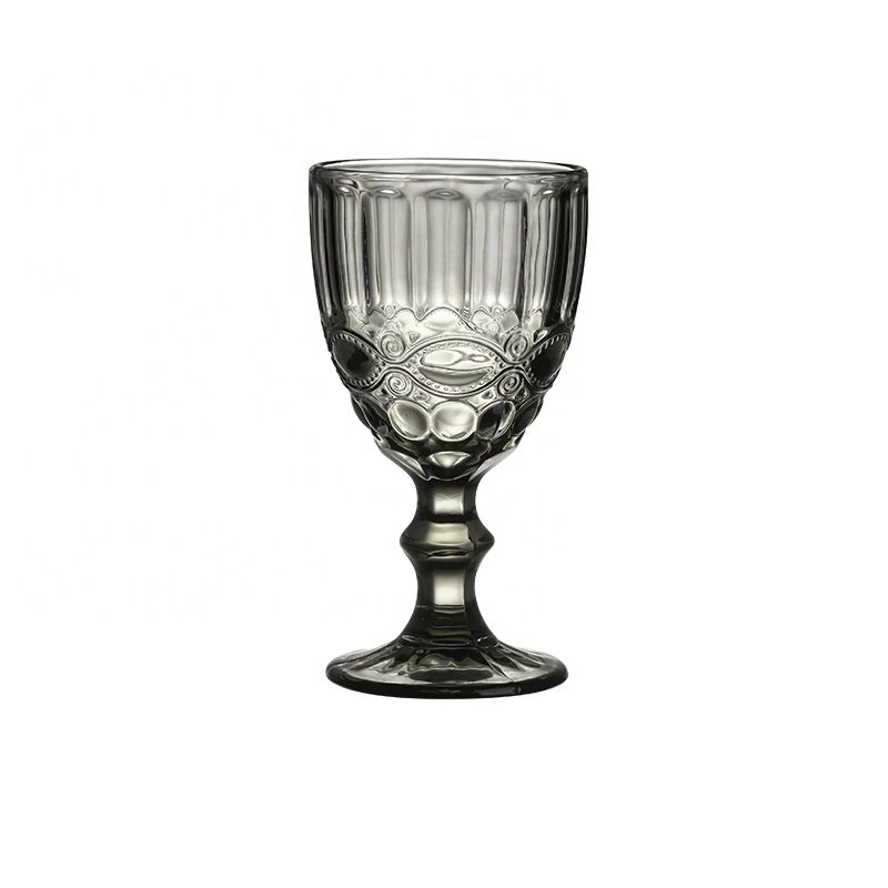 In stock embossed eco friendly blue green purple pink red grey amber clear colorful classic pattern wine goblet glass