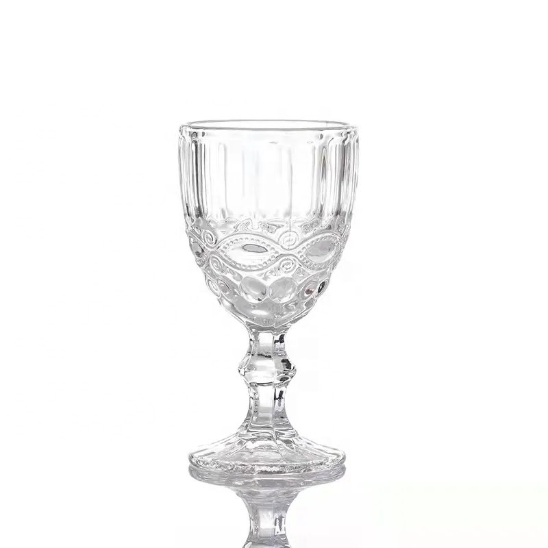 In stock embossed eco friendly blue green purple pink red grey amber clear colorful classic pattern wine goblet glass