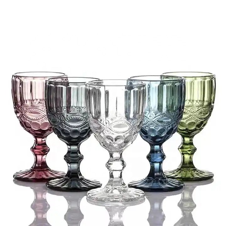 In stock embossed eco friendly blue green purple pink red grey amber clear colorful classic pattern wine goblet glass