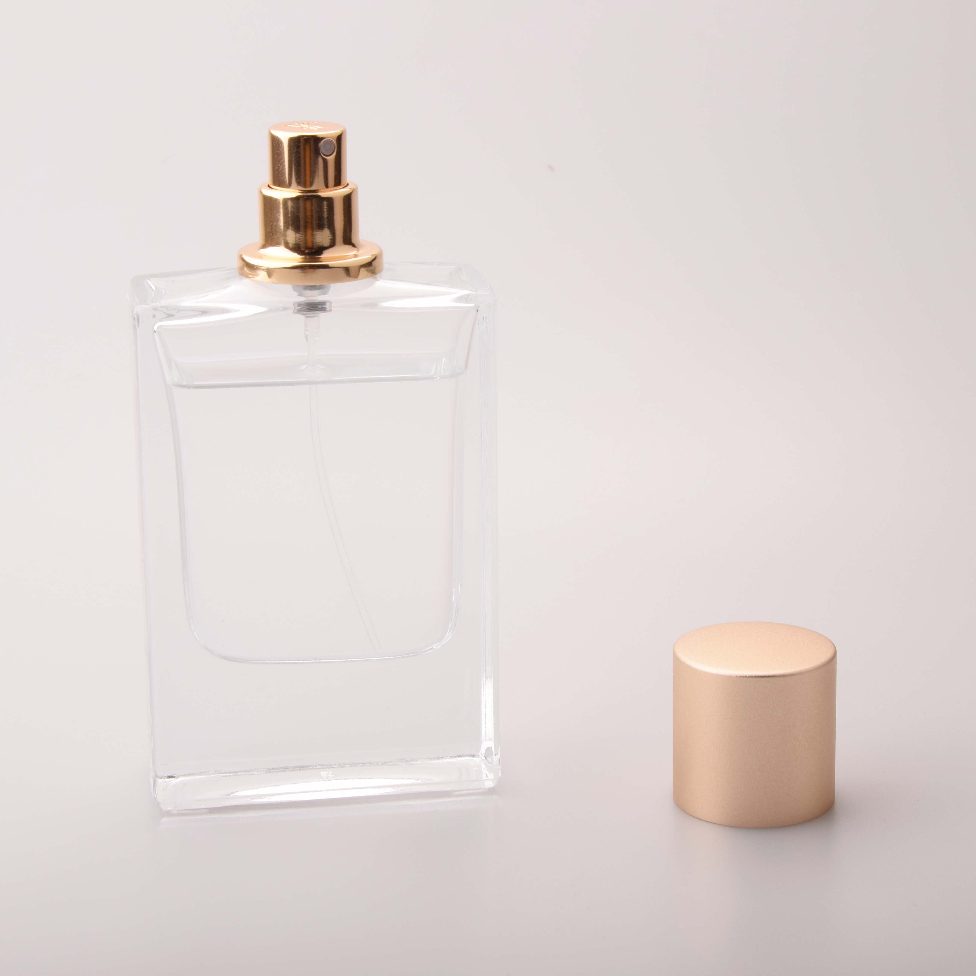 70ml flat and square perfume glass bottle with matt gold magnetic perfume cap Aluminum