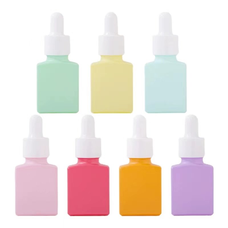 Custom Logo 15ml Colorful Essential Dropper Bottle Square Essence Serum Glass Bottle With White Dropper Top