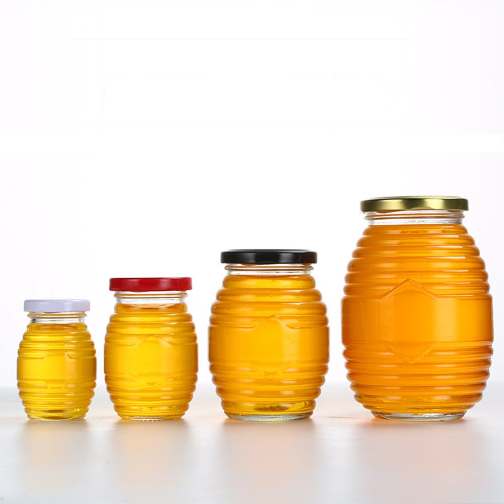 100ml 180ml 380ml 730ml threaded bee shape honey glass jar with screw lid, fancy round thread shape glass bottle jar