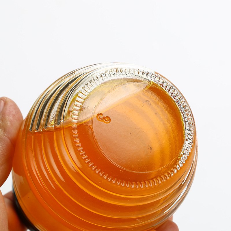 100ml 180ml 380ml 730ml threaded bee shape honey glass jar with screw lid, fancy round thread shape glass bottle jar