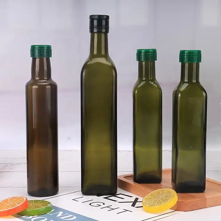 Hot Sale Refillable 250ml 500ml 750ml 1L Empty Square Army Green Olive Oil Glass Bottles For Kitchen
