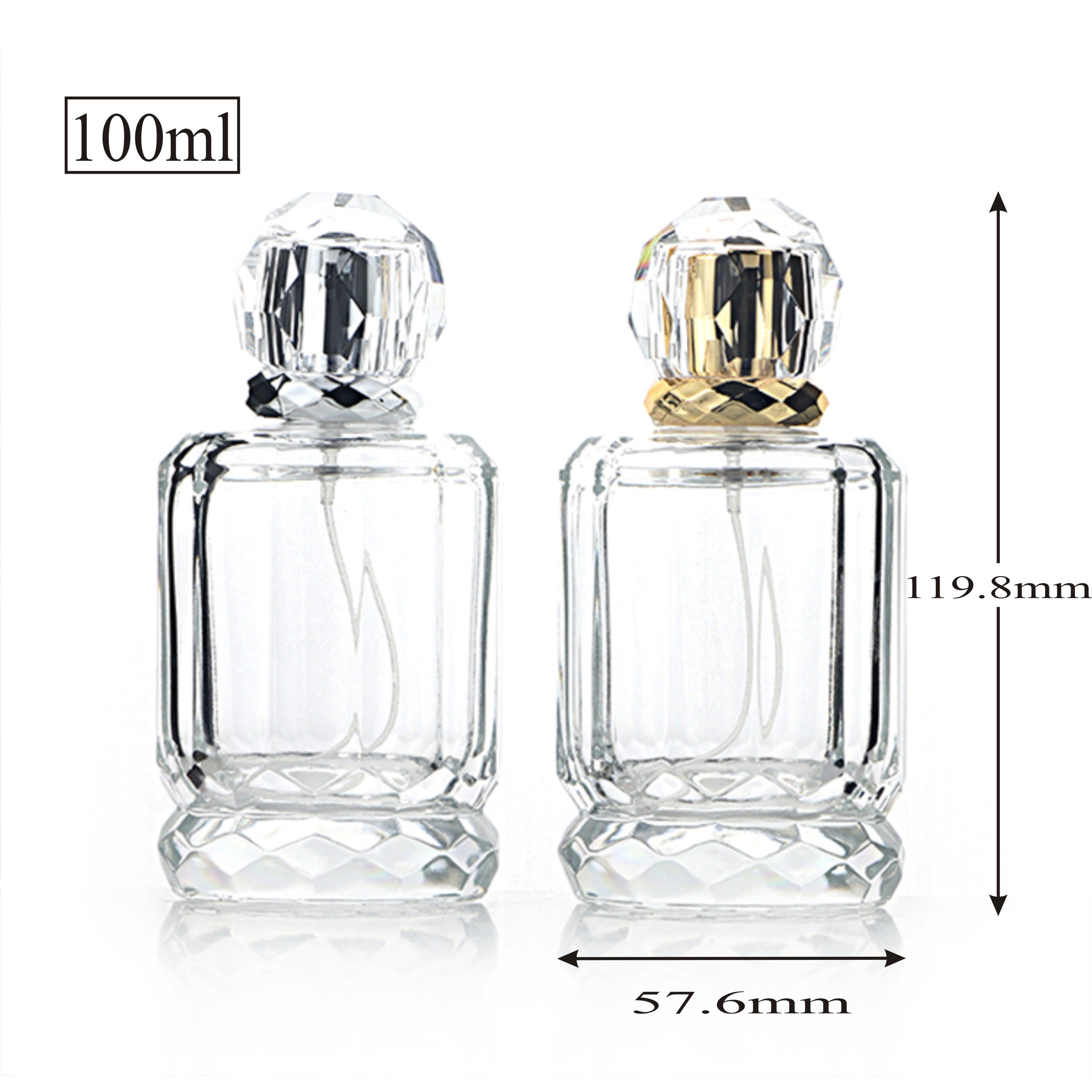 100ml luxury Dubai Fashion Design heavy bottom for crimp sprayer round perfume glass bottles with luxury gold sliver lid