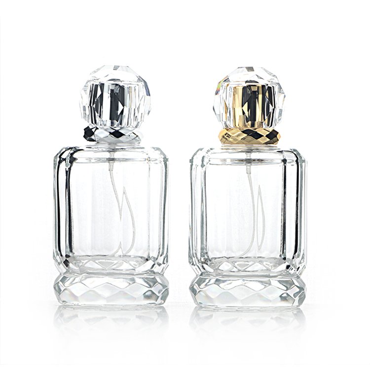 100ml luxury Dubai Fashion Design heavy bottom for crimp sprayer round perfume glass bottles with luxury gold sliver lid