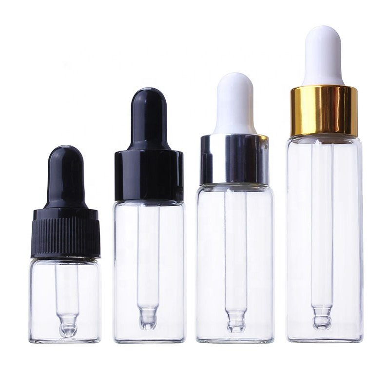 Mini size small glass vials 1ml 2ml 3ml 5ml tube clear glass serum dropper bottle with silver screw cap