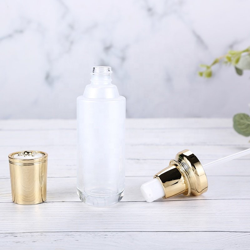 High end glass bottle amber serum press pump bottle face cream can be customized for bottle color and logo printing
