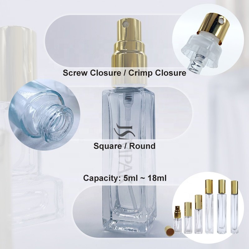 Clear Luxury Empty 3ml 5ml 8ml 10ml 15ml Refillable Thick Square Glass Perfume Bottle With Gold Sprayer Pump