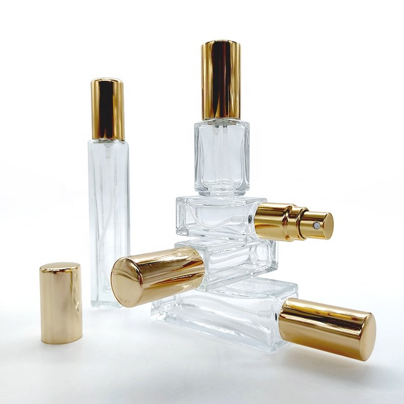 Clear Luxury Empty 3ml 5ml 8ml 10ml 15ml Refillable Thick Square Glass Perfume Bottle With Gold Sprayer Pump