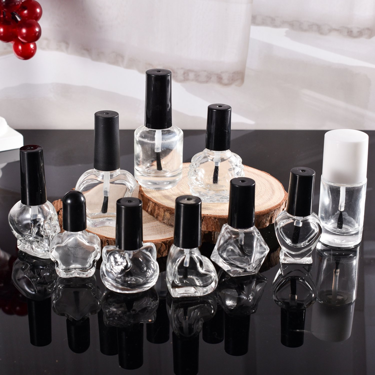 Wholesale apple heart round square flower shape empty nail polish glass bottle with brush black cap